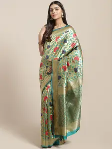 Saree mall Golden & Teal Green Floral Woven Design Banarasi Saree