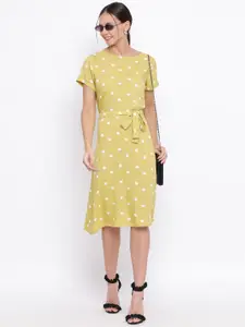 Crimsoune Club Women Yellow Polka Dot Printed Fit and Flare Dress