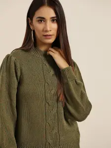 her by invictus Women Olive Green Cable Knit Pullover