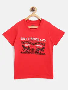 Levis Boys Red  Black Brand Logo Print Round Neck Pure Cotton T-shirt