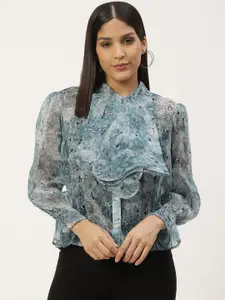 WoowZerz Women Blue & Grey Floral Printed Semi-Sheer Top
