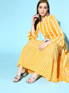 Moda Rapido Women Bright Yellow Striped Bell Sleeves Kurta