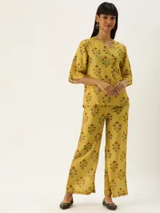 Clt.s Women 2 Pc Mustard Yellow & Red Floral Printed Night Suit Set
