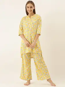 Clt.s Women 2 Pc Yellow & White Conversational Printed Night Suit Set
