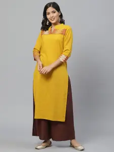 KSUT Women Mustard Yellow Ikat Yoke Design Straight Kurta