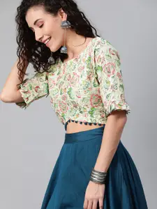 Inddus Teal Blue Solid Ready to Wear Lehenga with Floral Printed & Embroidered Blouse
