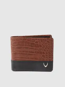 Hidesign Men Brown & Black Croc Textured & Colourblocked Leather Two Fold Wallet