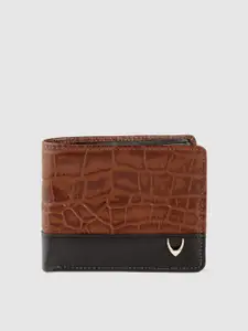 Hidesign Men Tan Brown & Black Crocodile Skin Textured Two Fold Leather Wallet