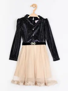 Peppermint Girls Navy Blue & Cream-Coloured Embellished Fit and Flare Dress