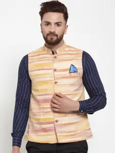 KLOTTHE Men Beige & Yellow Woven Design Pure Cotton Nehru Jacket