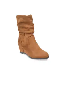 Metro Women Tan Brown Solid High-Top Flat Boots