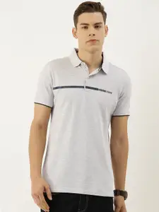 Being Human Men Clothing Grey Melange Solid Polo Collar T-shirt with Stripe Detail
