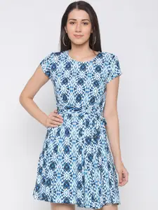 Globus Women Blue Printed Fit and Flare Dress