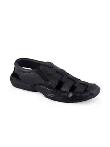 Khadims Men Black Solid Leather Fisherman Sandals