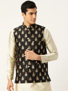 SOJANYA Men Black & Golden Woven Design Nehru Jacket
