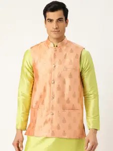 SOJANYA Men Peach-Coloured & Golden Woven Design Nehru Jacket