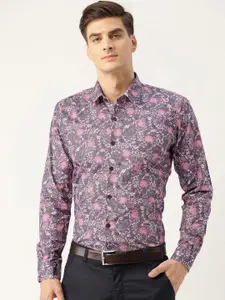 SOJANYA Men Mauve & Pink Classic Regular Fit Floral Print Semiformal Shirt