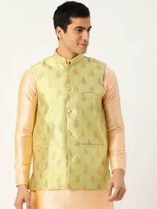 SOJANYA Men Lime-Green & Golden Woven Design Nehru Jacket