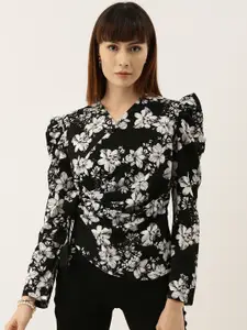 AND Women Black & White Floral Print Wrap Top