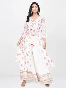 Global Desi Women Off-White & Pink Printed Tie-Up Shrug