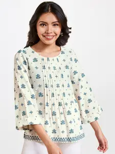 Global Desi Women Off-White & Blue Printed Top with Pleated Details
