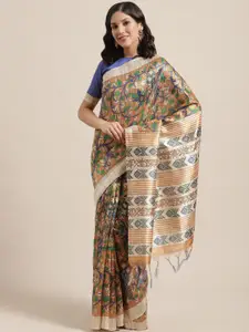 Saree mall Mustard Yellow & Blue Printed Handloom Bhagalpuri Saree