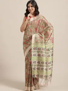 Saree mall Taupe & Coral Orange Printed Bhagalpuri Handloom Saree