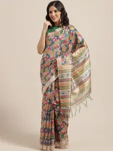 Saree mall Blue & Off-White Printed Bhagalpuri Handloom Saree