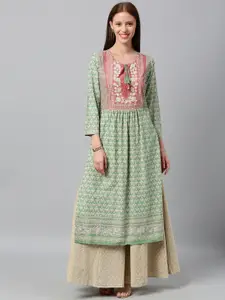 Global Desi Women Green & Beige Floral Printed A-Line Kurta