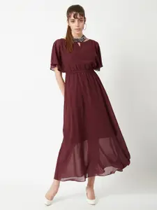 Miss Chase Women Maroon Embellished Jewel Collar Fit and Flare Dress