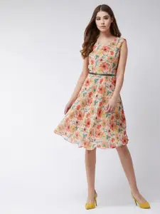 Miss Chase Women Peach-Coloured Floral Printed Fit and Flare Dress