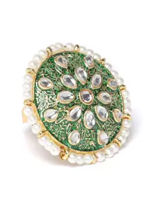 Zaveri Pearls Green Gold-Plated Kundan-Studded Beaded & Enamelled Adjustable Finger Ring