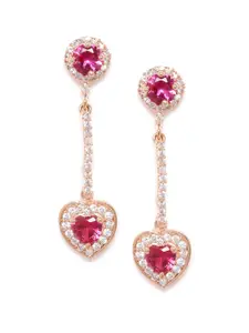 Zaveri Pearls Magenta Gold-Plated CZ-Studded Heart-Shaped Drop Earrings