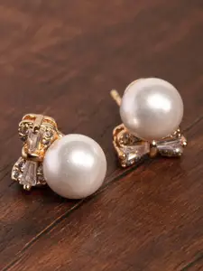 Zaveri Pearls White Gold-Plated Beaded Bow-Shaped CZ Studs