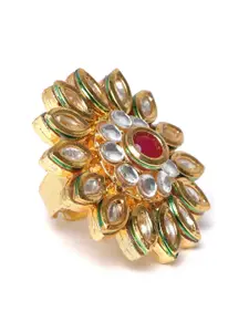 Zaveri Pearls Women Maroon Gold-Plated Kundan-Studded Floral Shaped Adjustable Finger Ring