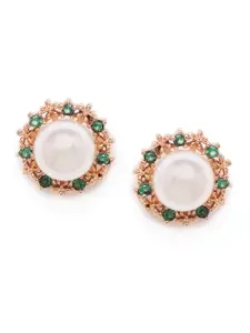 Zaveri Pearls White & Green Gold-Plated Beaded Circular CZ-Studs