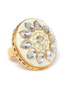 Zaveri Pearls Mint Green Gold-Plated Kundan-Studded Enamelled Adjustable Finger Ring