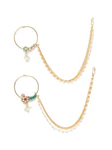 Zaveri Pearls Set of 2 Gold-Plated Kundan-Studded & Beaded Chained Nose Rings