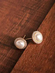 Zaveri Pearls White Gold-Plated Beaded Circular CZ-Studs