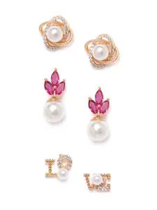Zaveri Pearls Set of 3 Gold-Plated Beaded CZ-Studs