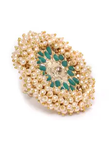 Zaveri Pearls Green Gold-Plated Stone-Studded & Beaded Adjustable Finger Ring