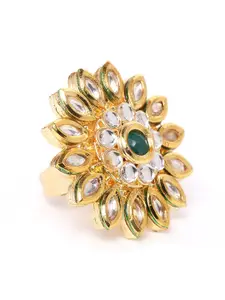 Zaveri Pearls Green Gold-Plated Kundan-Studded Floral-Shaped Adjustable Finger Ring