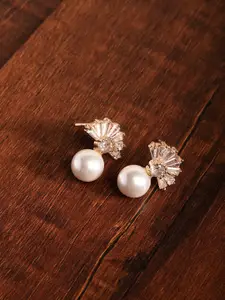 Zaveri Pearls White Rose Gold-Plated Beaded Spherical CZ-Studs