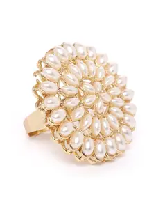 Zaveri Pearls Off-White Gold-Plated Beaded Circular Adjustable Finger Ring