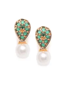 Zaveri Pearls Green & Off-White Gold-Plated CZ-Studded Beaded Teardrop-Shaped Studs