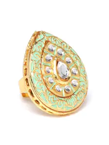 Zaveri Pearls Women Sea Green Gold-Plated Enamelled Kundan-Studded Adjustable Finger Ring