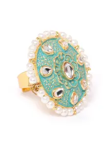 Zaveri Pearls Women Sea Green Gold-Plated Kundan-Studded Enamelled Adjustable Finger Ring
