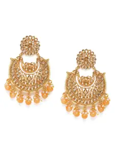 Zaveri Pearls Peach-Coloured Gold-Plated Kundan Studded Crescent Shaped Chandbalis