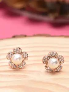 Zaveri Pearls White Gold-Plated Beaded Floral CZ Studs