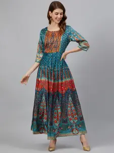Juniper Women Teal Blue & Red Satin Finish Printed Anarkali Maxi Dress